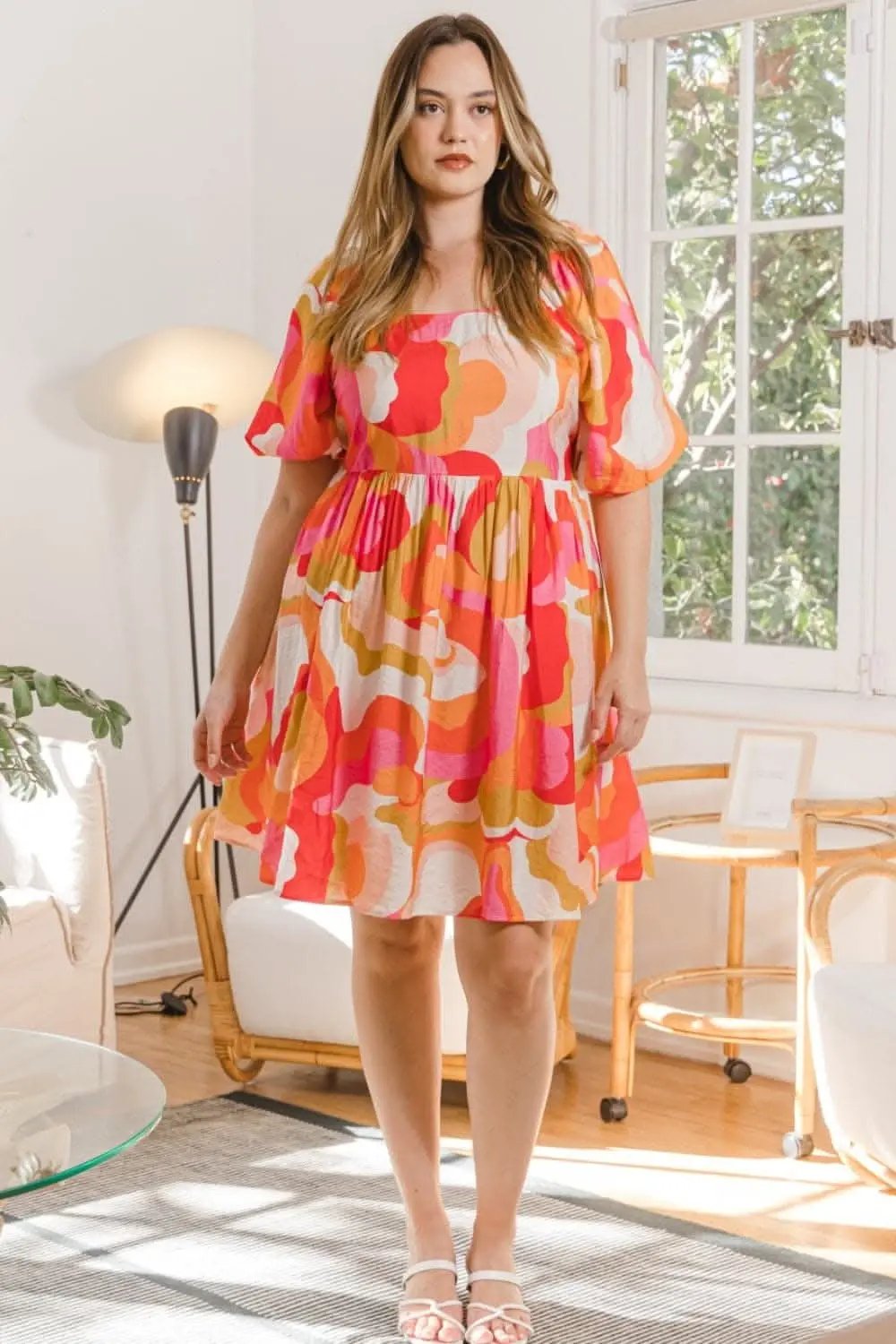 ODDI Full Size Printed Tied Back Short Sleeve Mini Dress - Love Salve